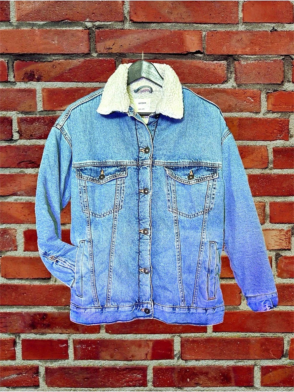 Cotton On Sherpa Lined Denim Jacket in Blue & White